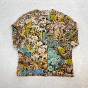 Vintage KIO 100% Virgin Wool Cardigan Colorful Floral 3/4 Sleeve Sweater